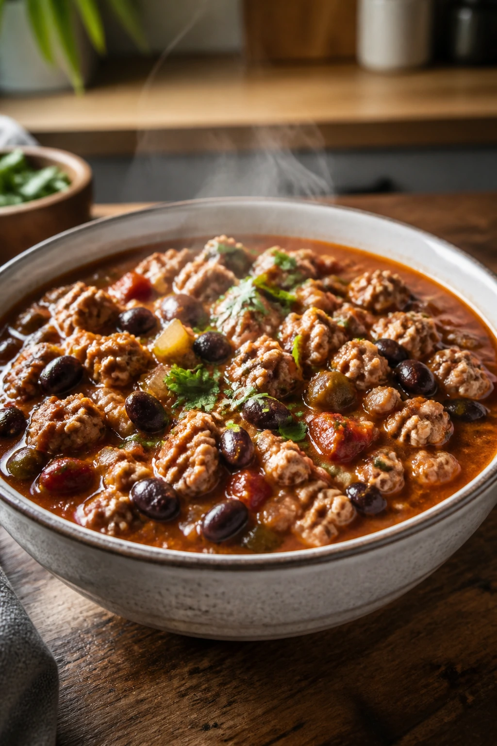 Steaming turkey and black bean chili in a bowl.