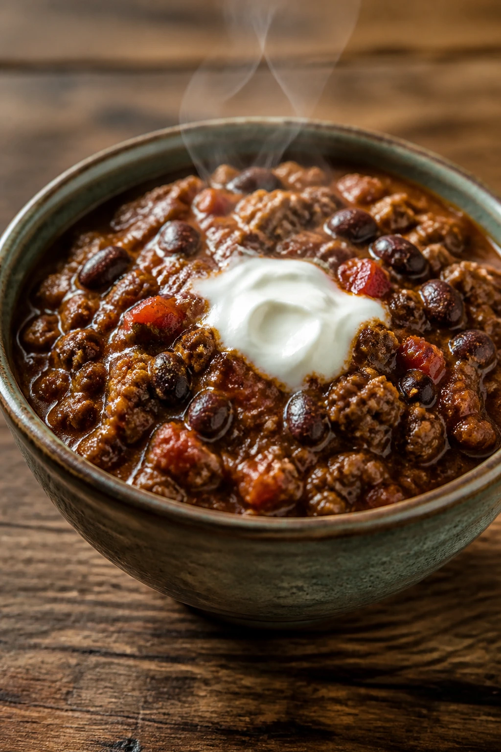 Thick turkey chili with black beans and yogurt topping in a bowl