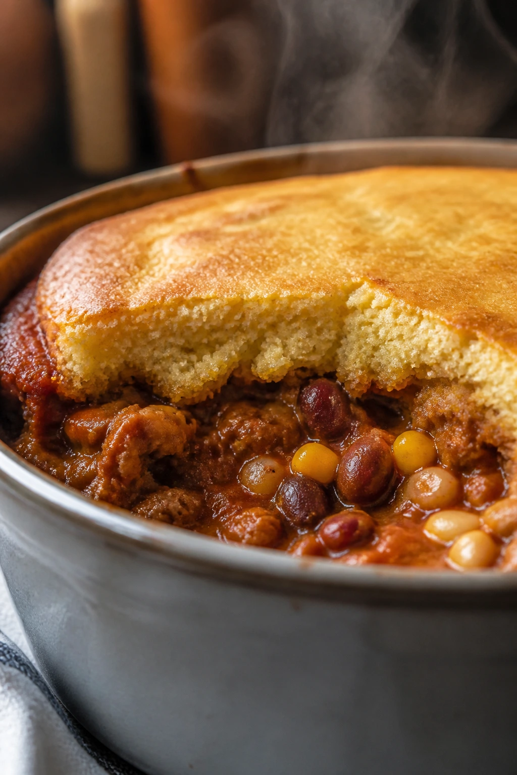 Thick turkey chili topped with cornbread in a bowl