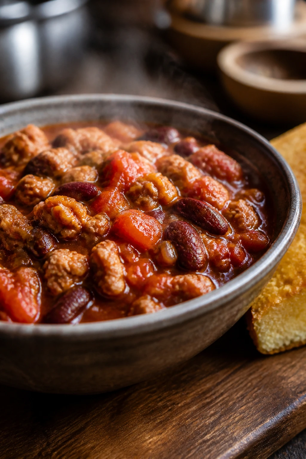 Close-up of turkey chili with cornbread on a rustic counter