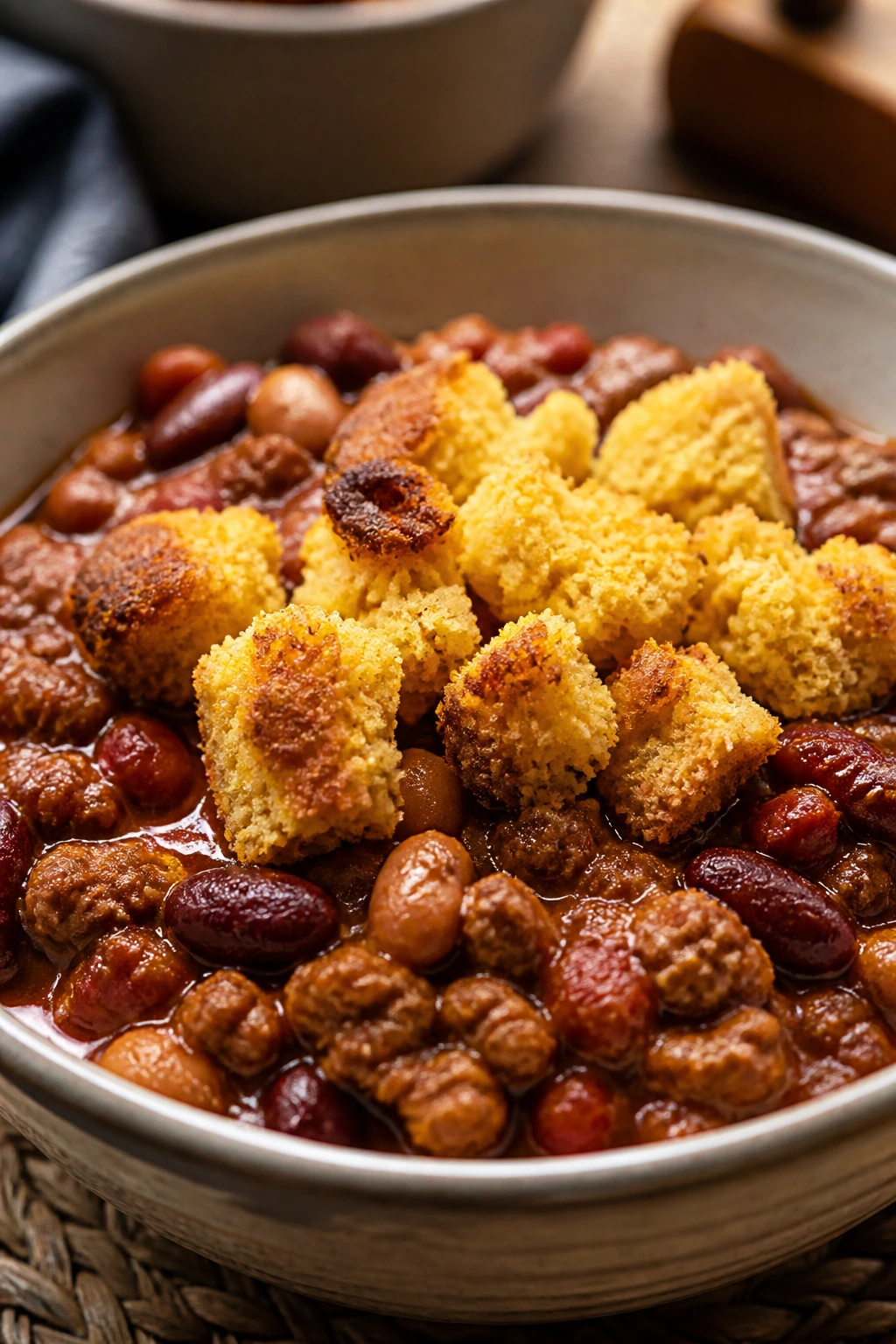 Close-up of turkey chili with cornbread toppers in a bowl