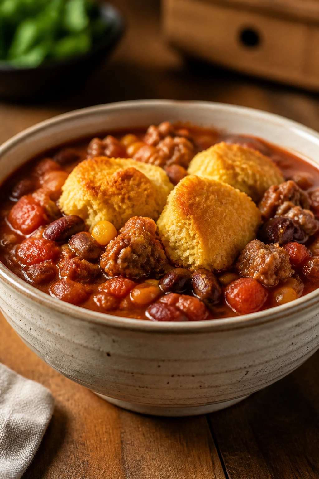 Close-up of turkey chili bowl with cornbread topping