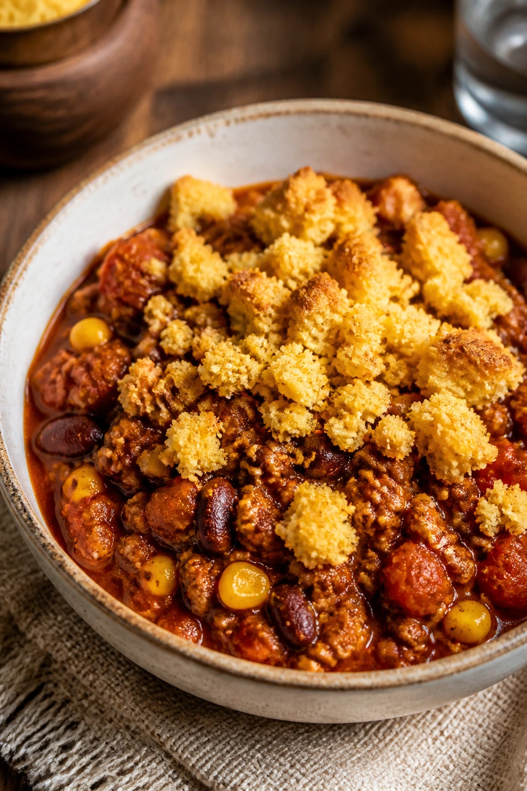 Close-up of Turkey Chili with Cornbread Crumble in a bowl with beans and corn