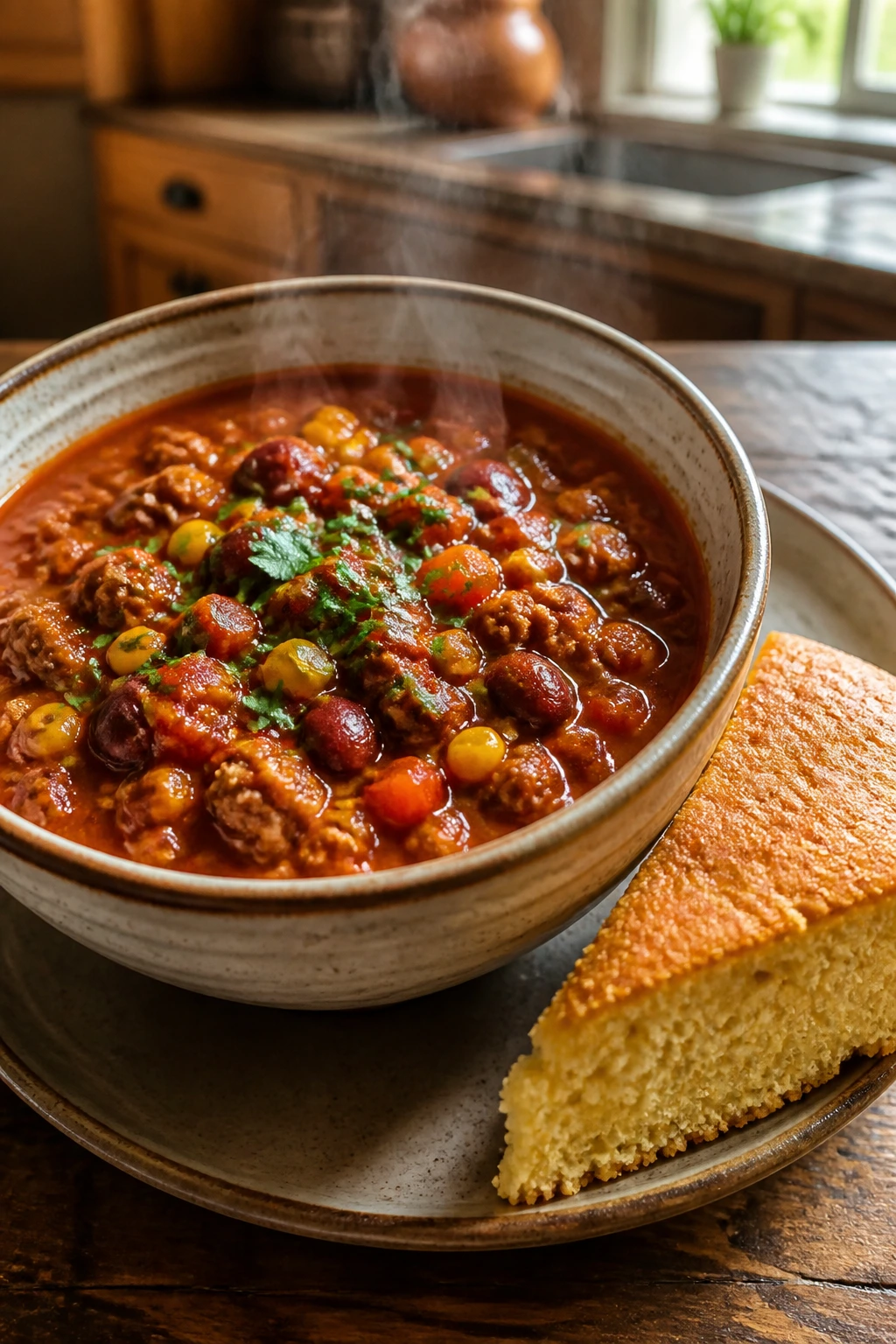 Close-up of turkey chili with cornbread on a rustic table, cozy family dinner scene