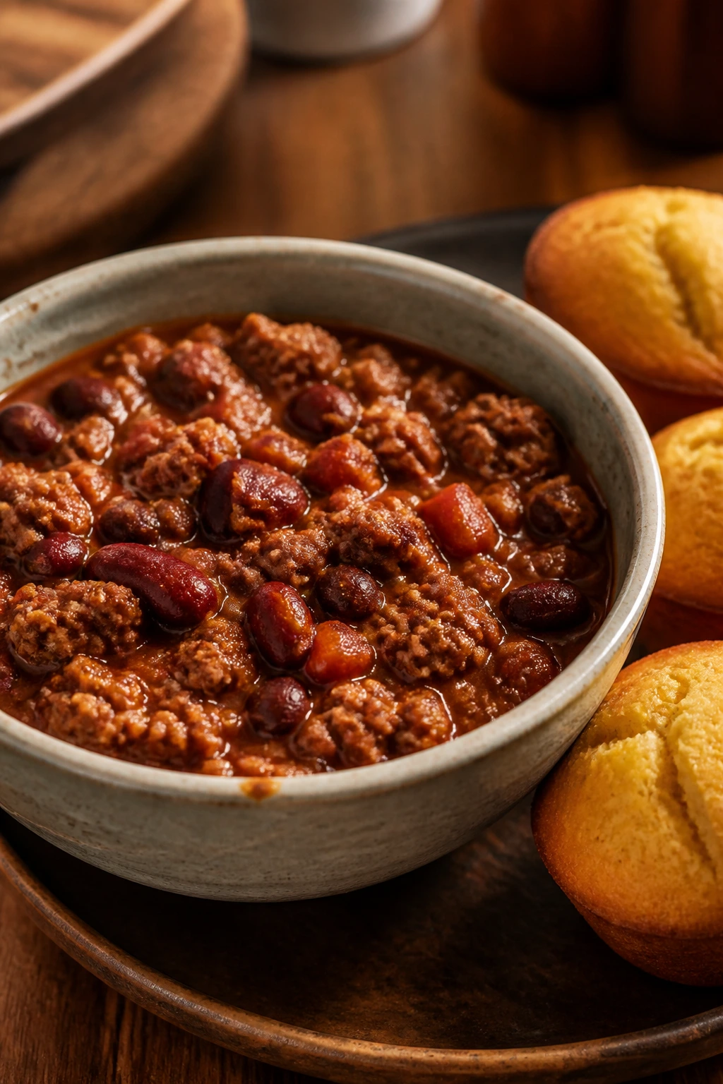 Close-up of turkey chili with cornbread muffins in a rustic kitchen