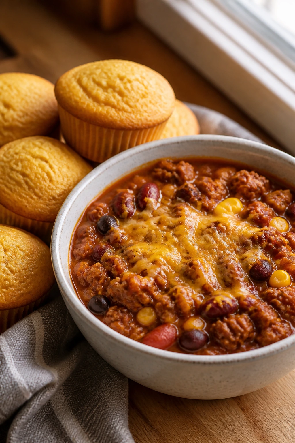 Bowl of turkey chili with cornbread muffins on a plate