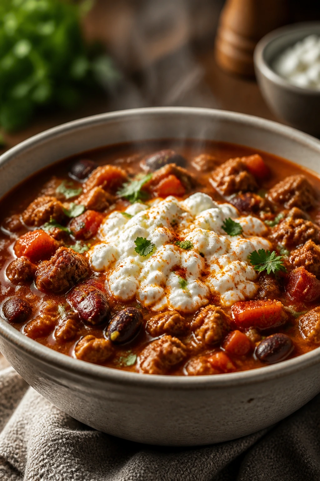 Bowl of creamy turkey chili with a dollop of cottage cheese