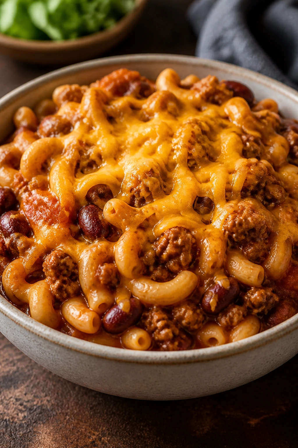 Close-up of hearty turkey chili mac with cheddar cheese in a rustic bowl.