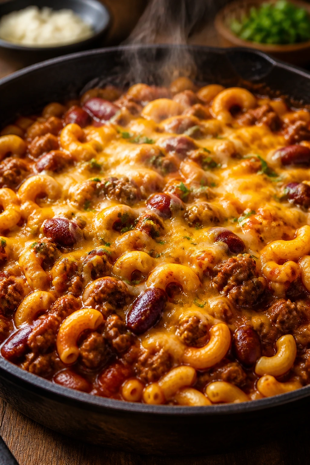 Turkey chili mac in a skillet with cheddar cheese