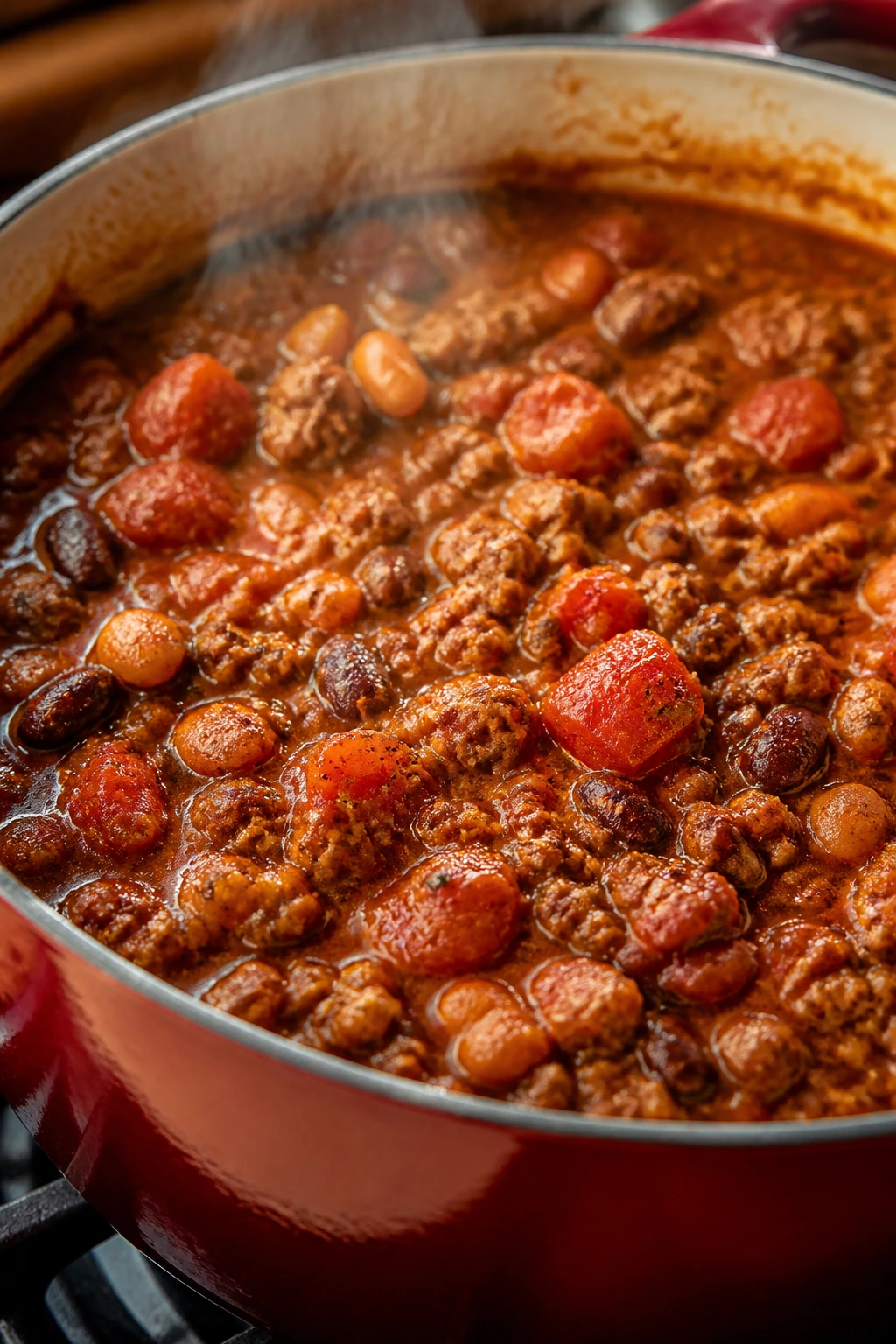Pot of turkey chili with beans and tomatoes on stove