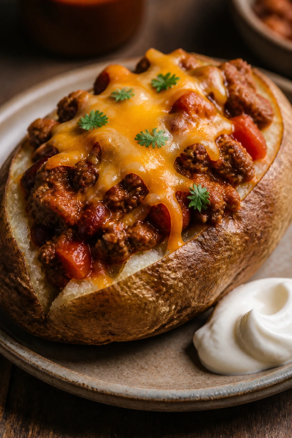 Russet potato halves topped with turkey chili and cheese