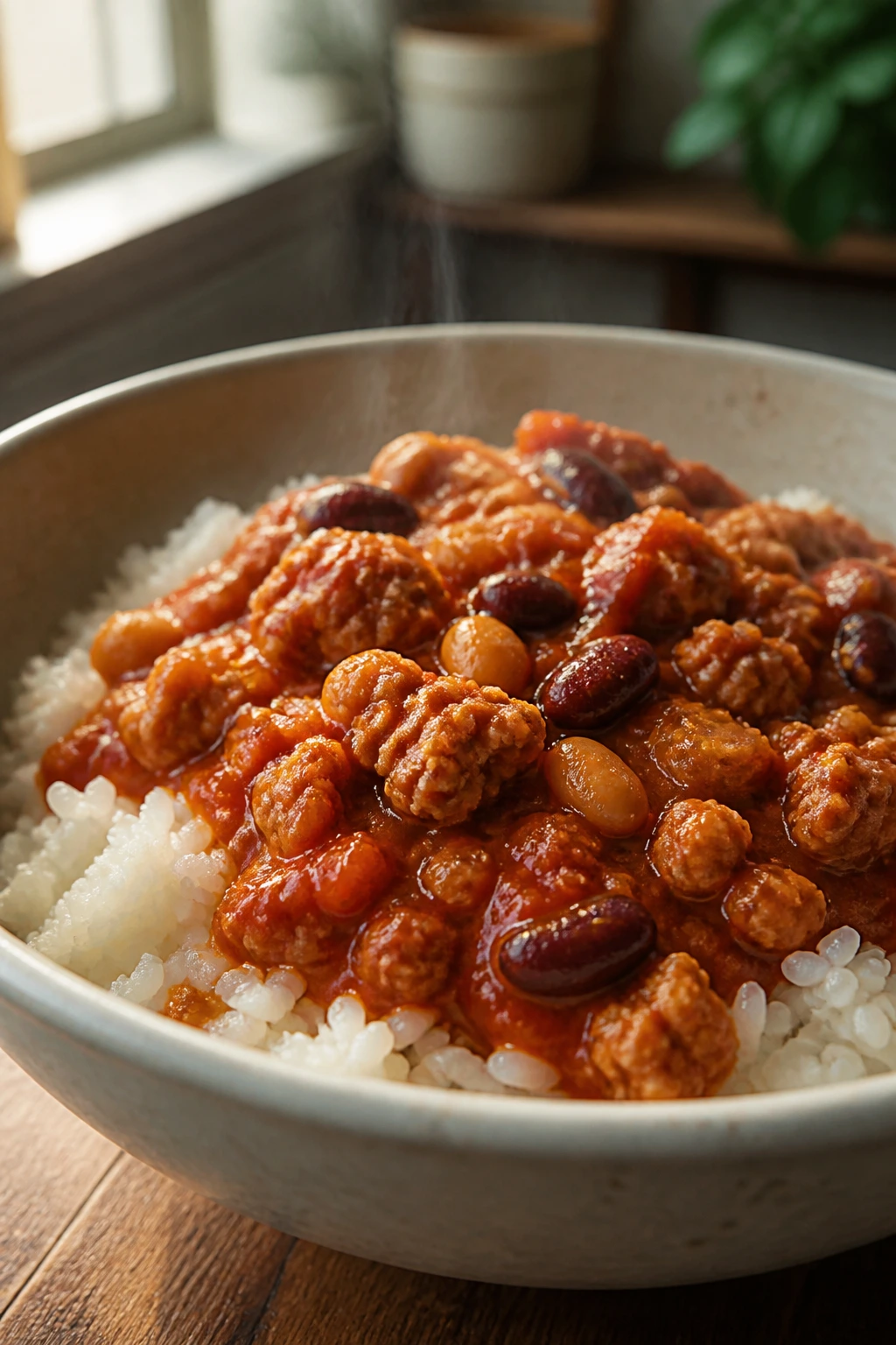 Steaming bowl of turkey chili over rice