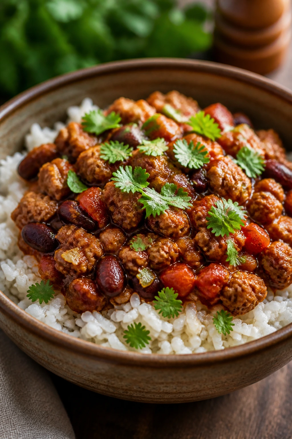 Turkey chili over rice in a rustic bowl