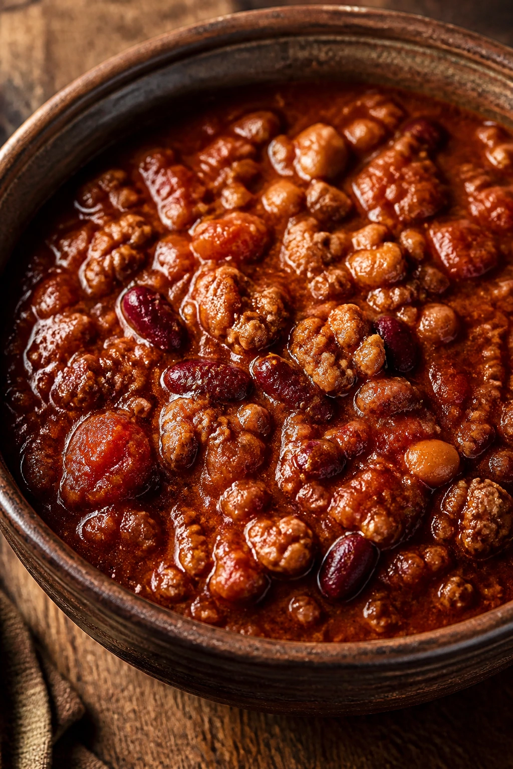 Close-up of Turkey Chili with beans and tomatoes