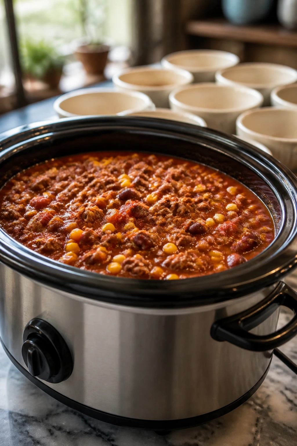 Slow cooker with turkey chili on kitchen counter