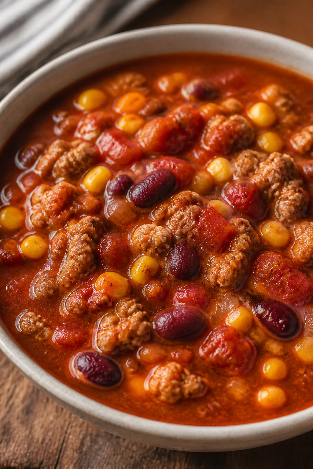 Thick turkey chili soup with beans and corn in a bowl