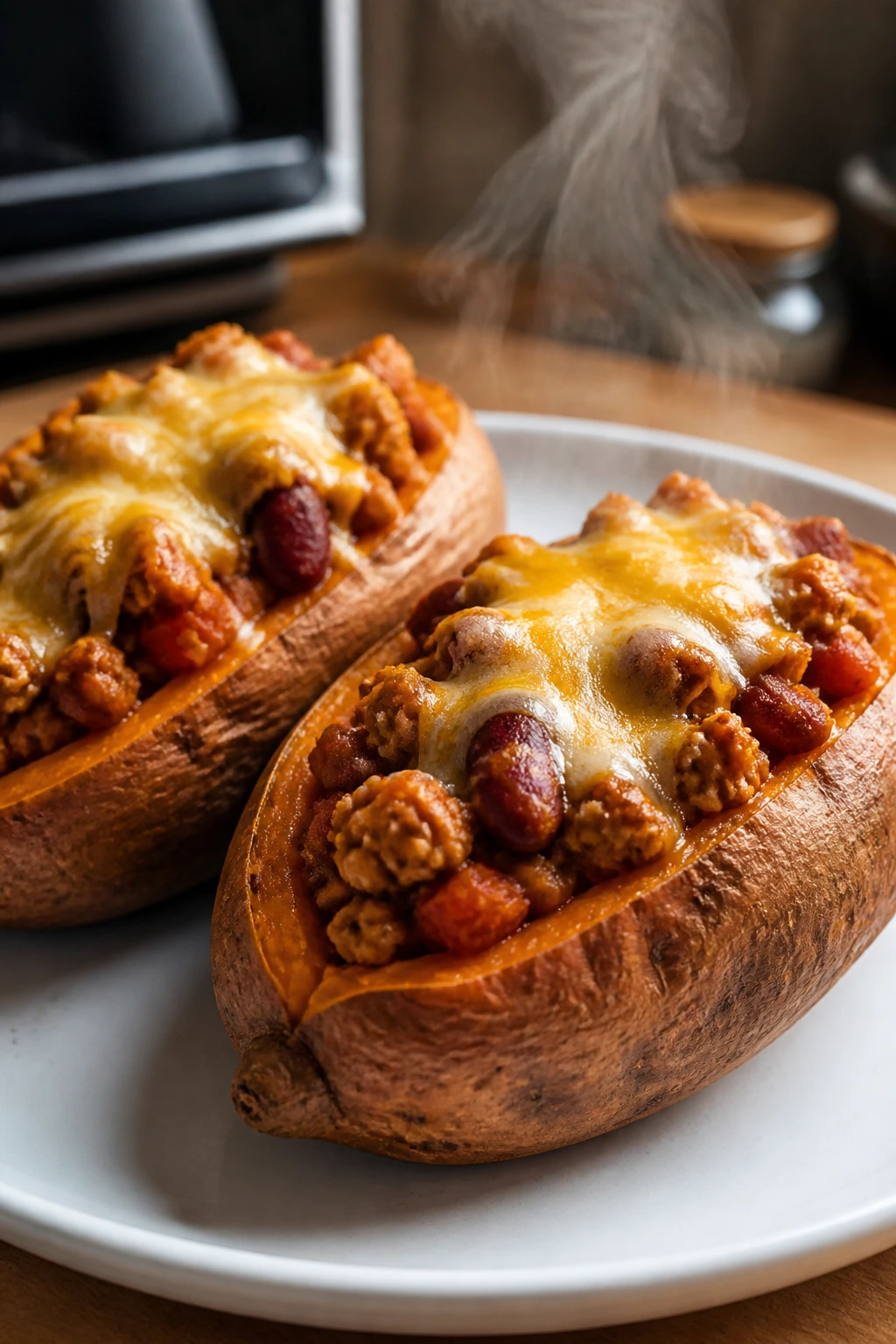 Two stuffed sweet potatoes with turkey chili and melted cheese on a plate