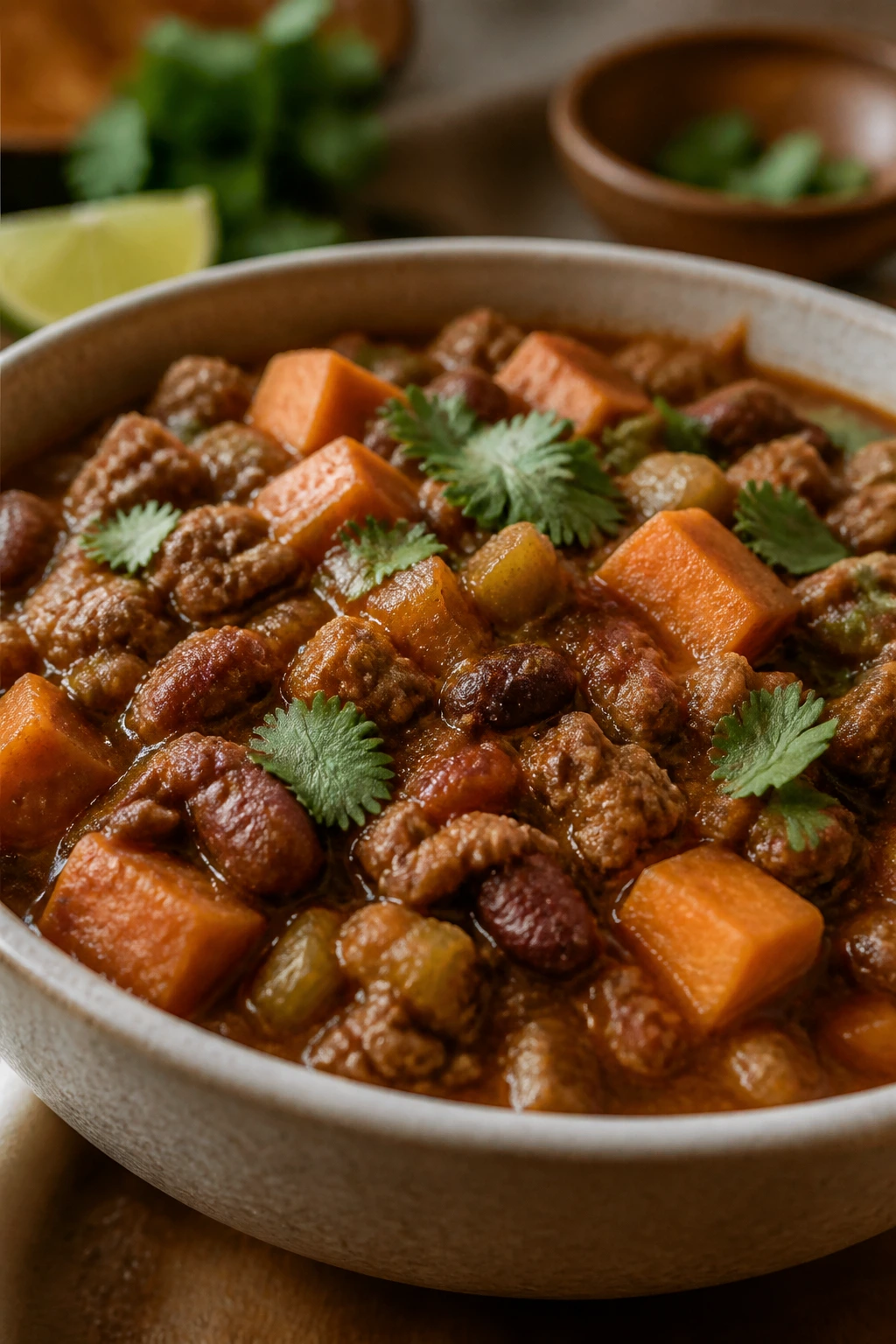 Close-up of hearty turkey and sweet potato chili in a bowl