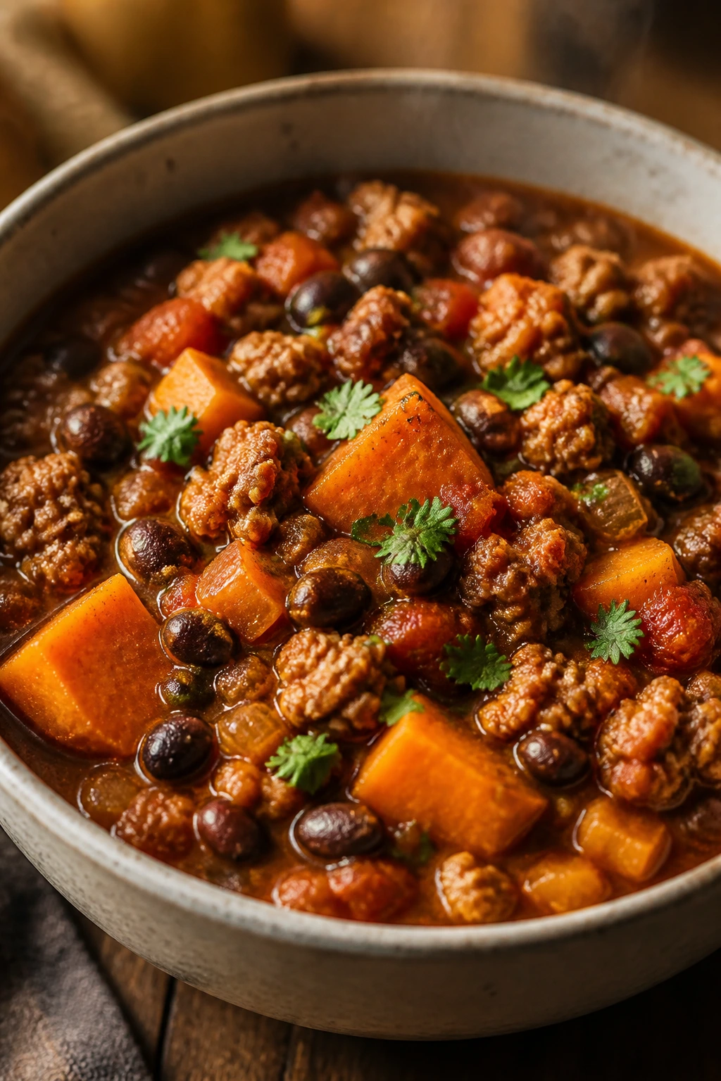 Bowl of turkey sweet potato chili with turkey and sweet potatoes.