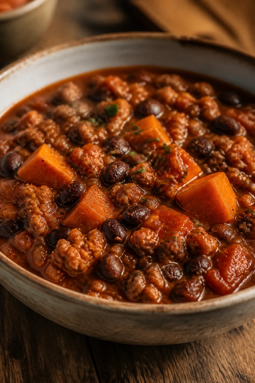 Thick turkey chili with black beans and sweet potato in a bowl
