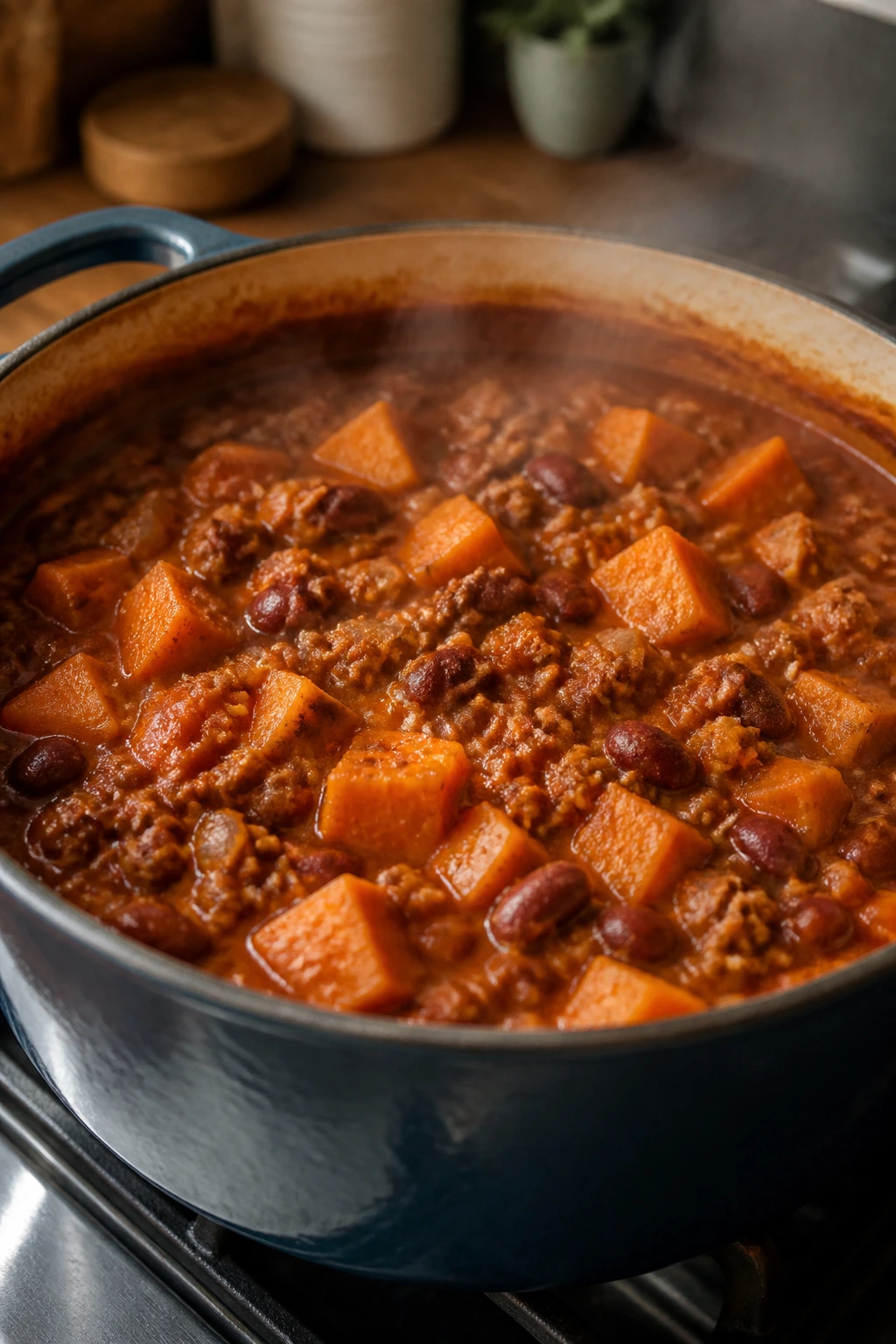 Dutch oven with turkey chili and sweet potatoes
