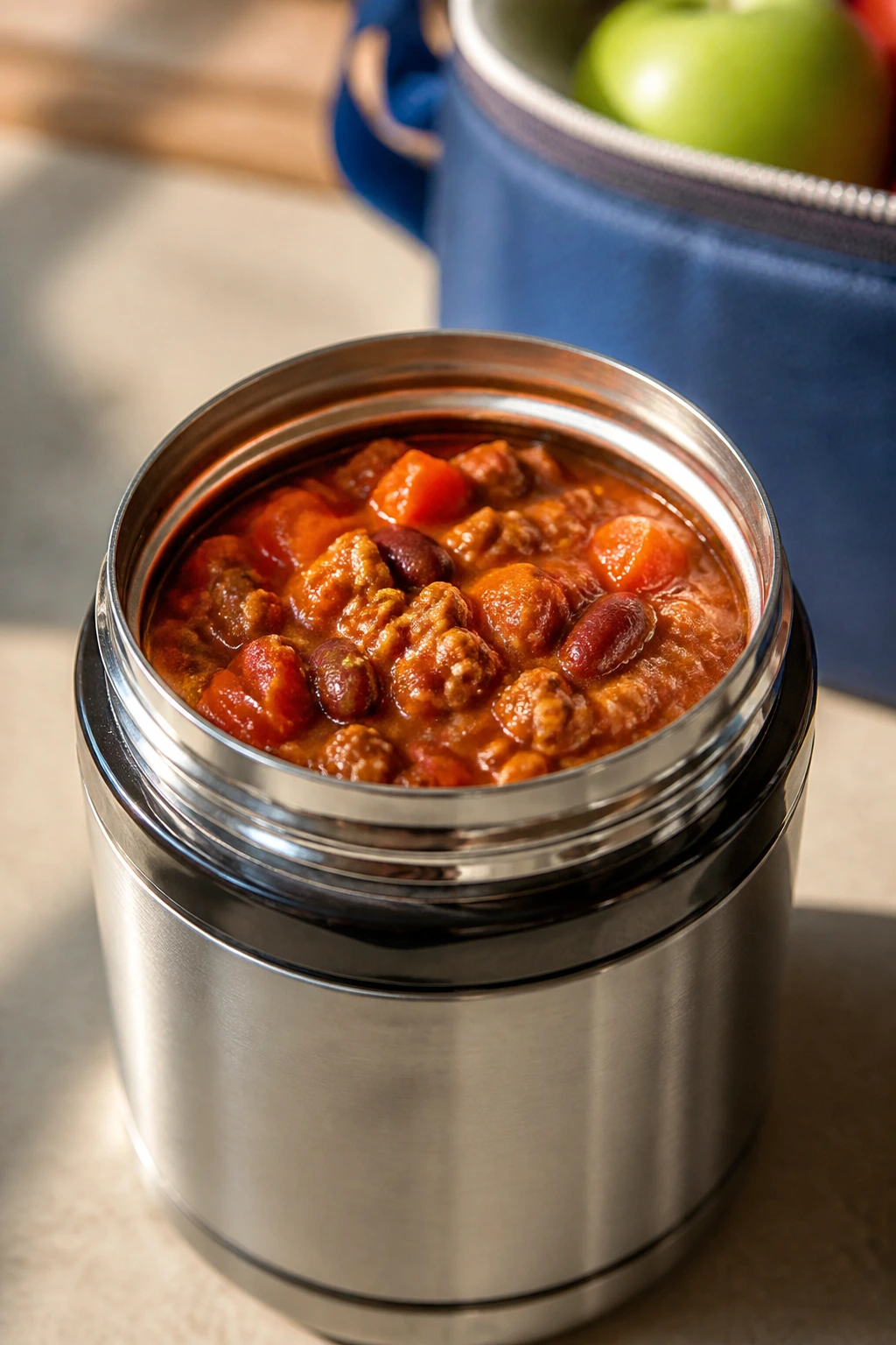 Thermos filled with turkey chili showing through the opening