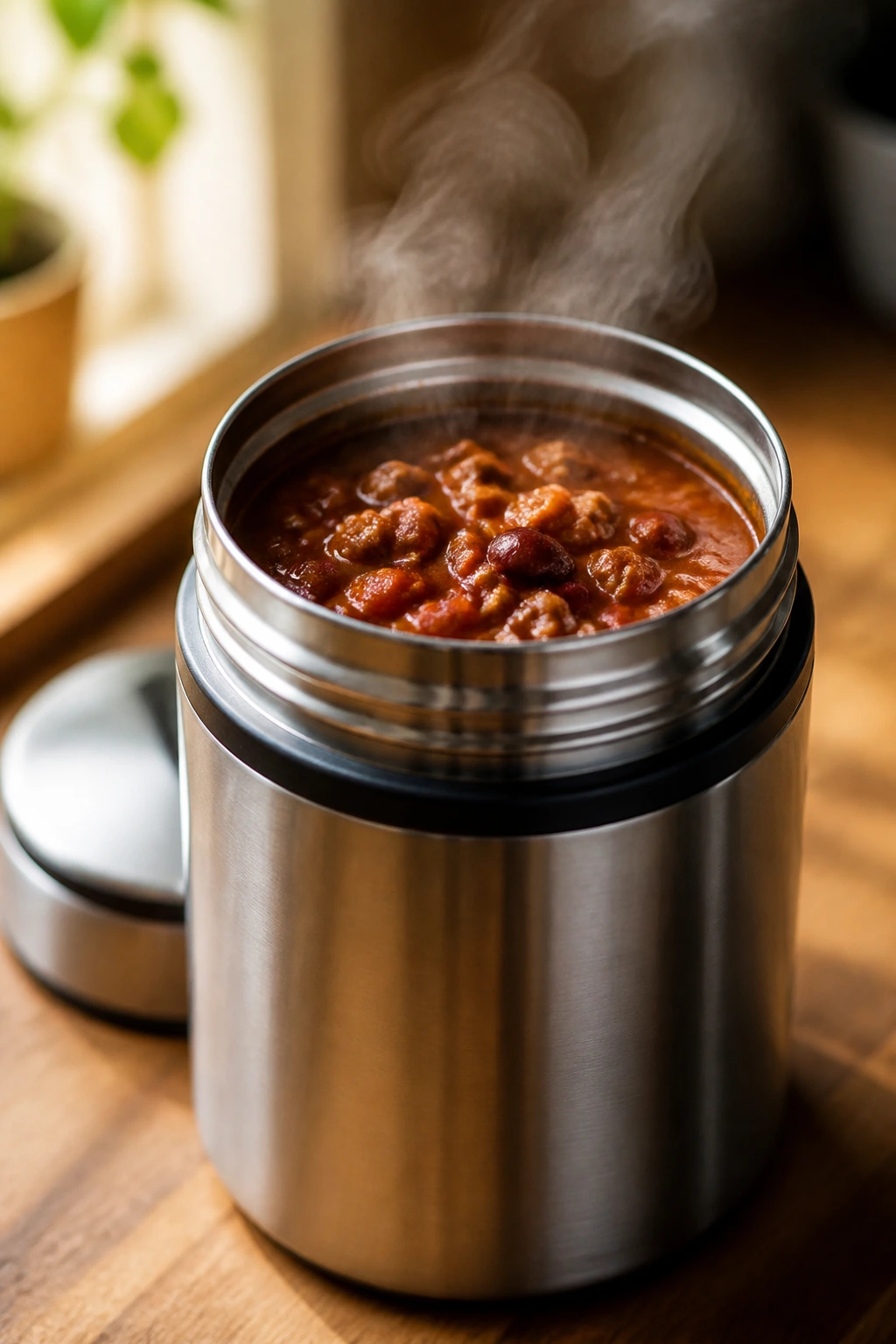 Close-up of a turkey chili in a thermos with lid off on a kitchen counter.