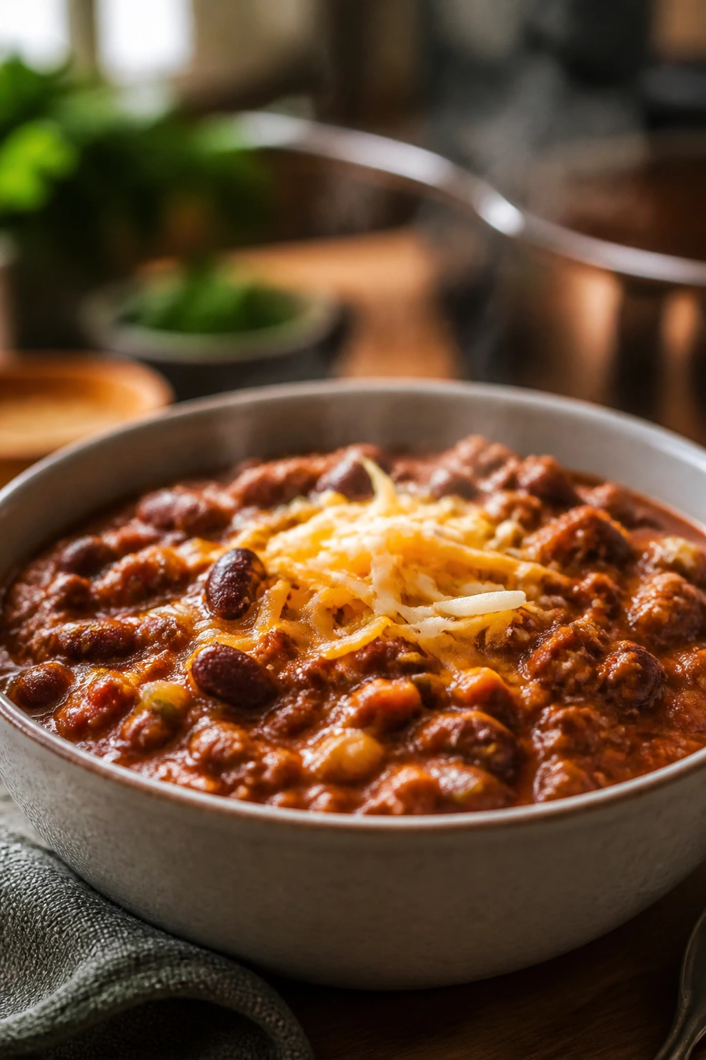 Bowl of thick turkey chili with hidden vegetables and melted cheese.