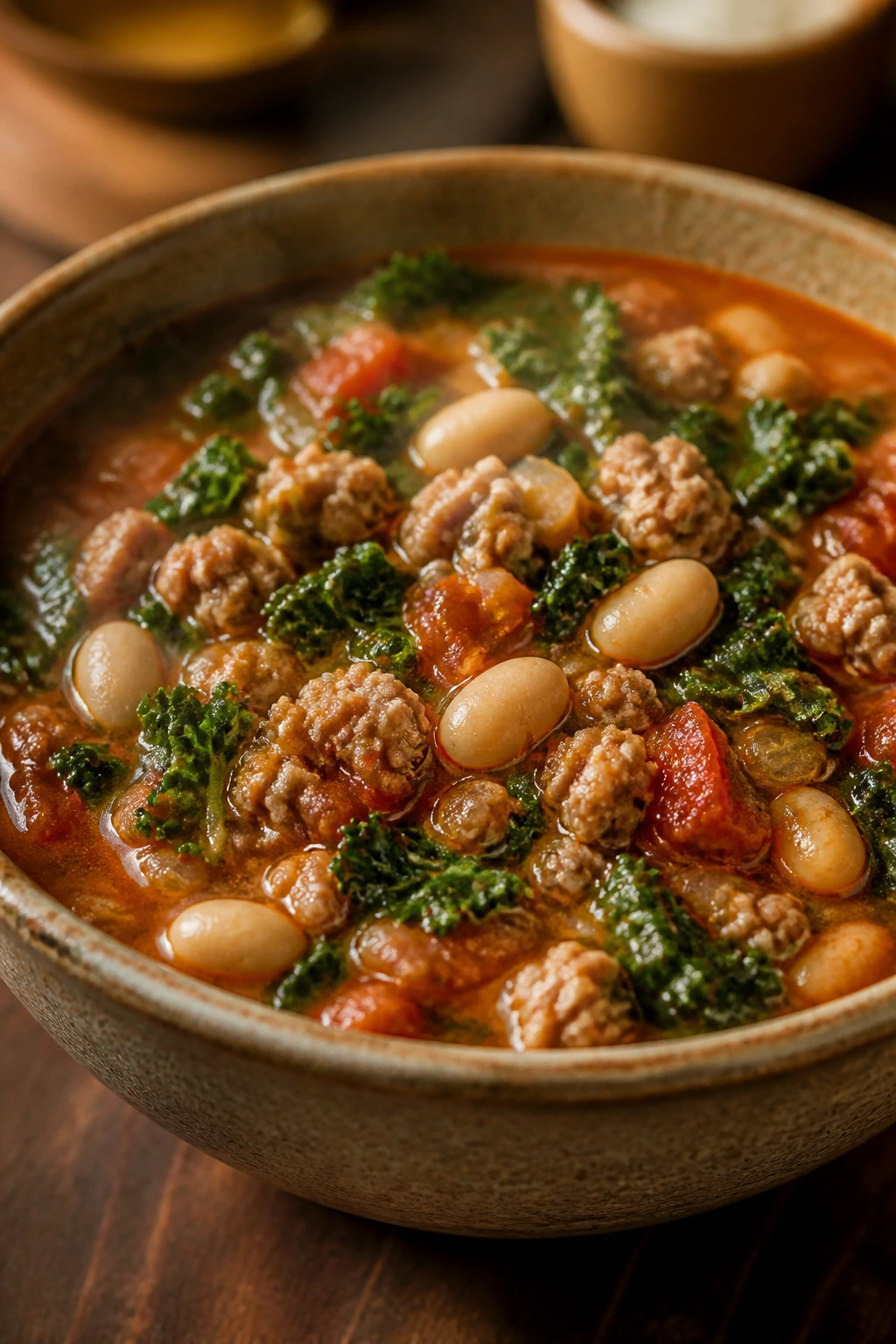 Steaming turkey white bean kale chili in a rustic bowl