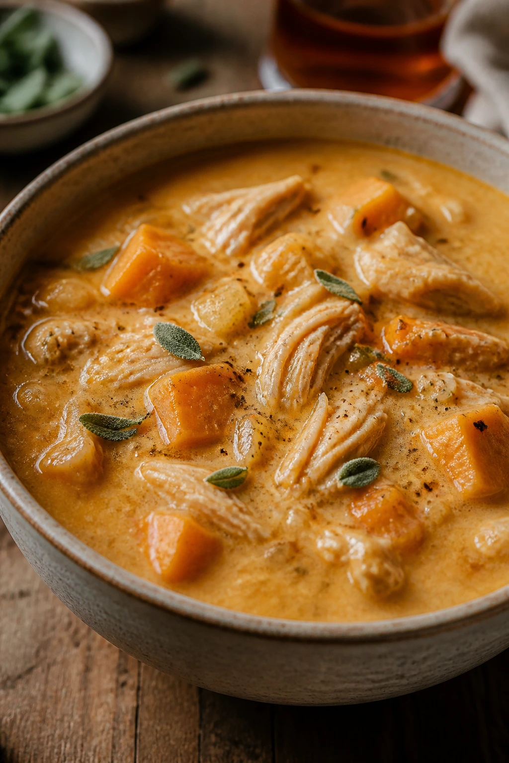 Close-up of Turkey and Sweet Potato Chowder in a rustic bowl