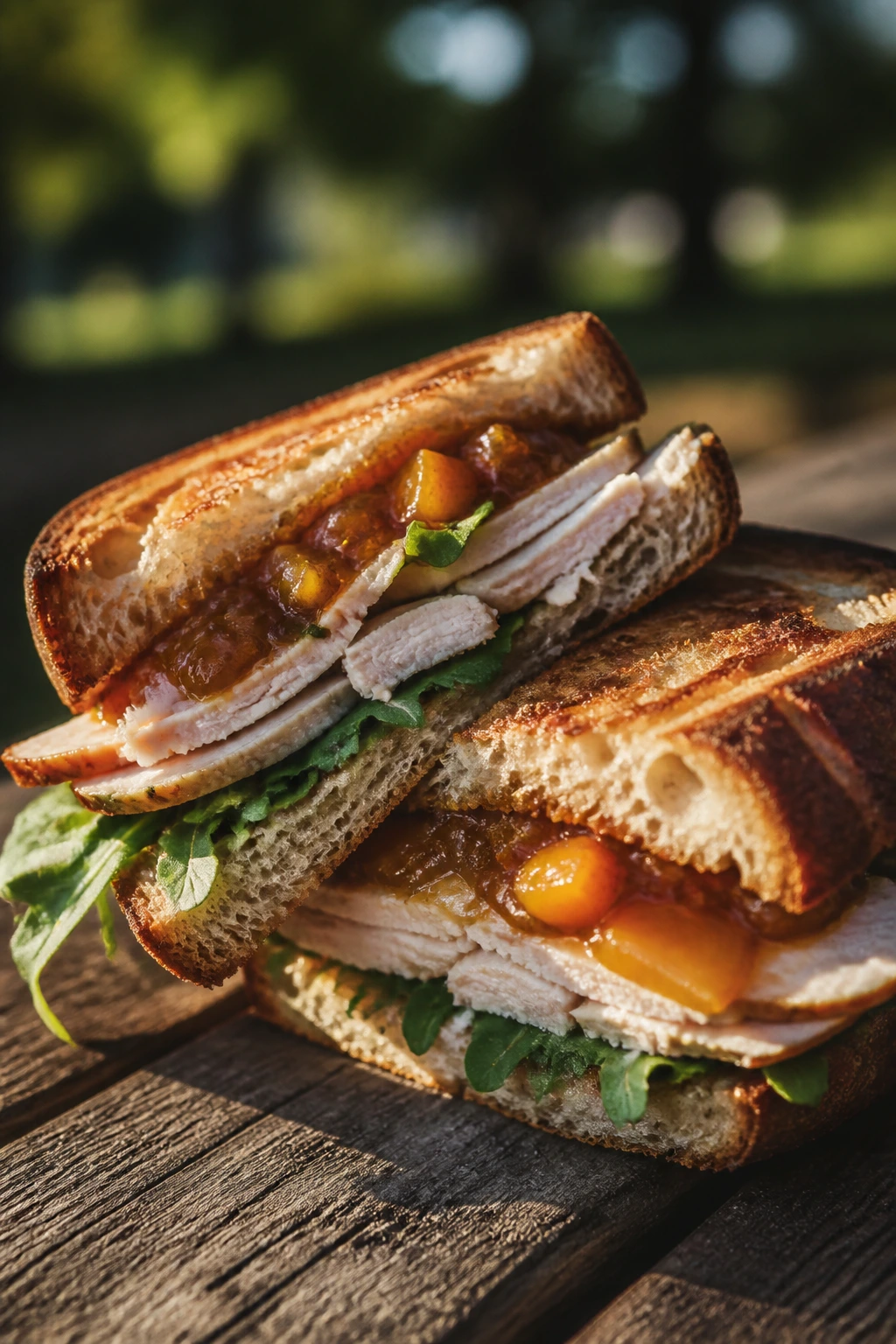 Close-up of smoked turkey sandwich with peach chutney on rustic bread outdoors on a picnic table