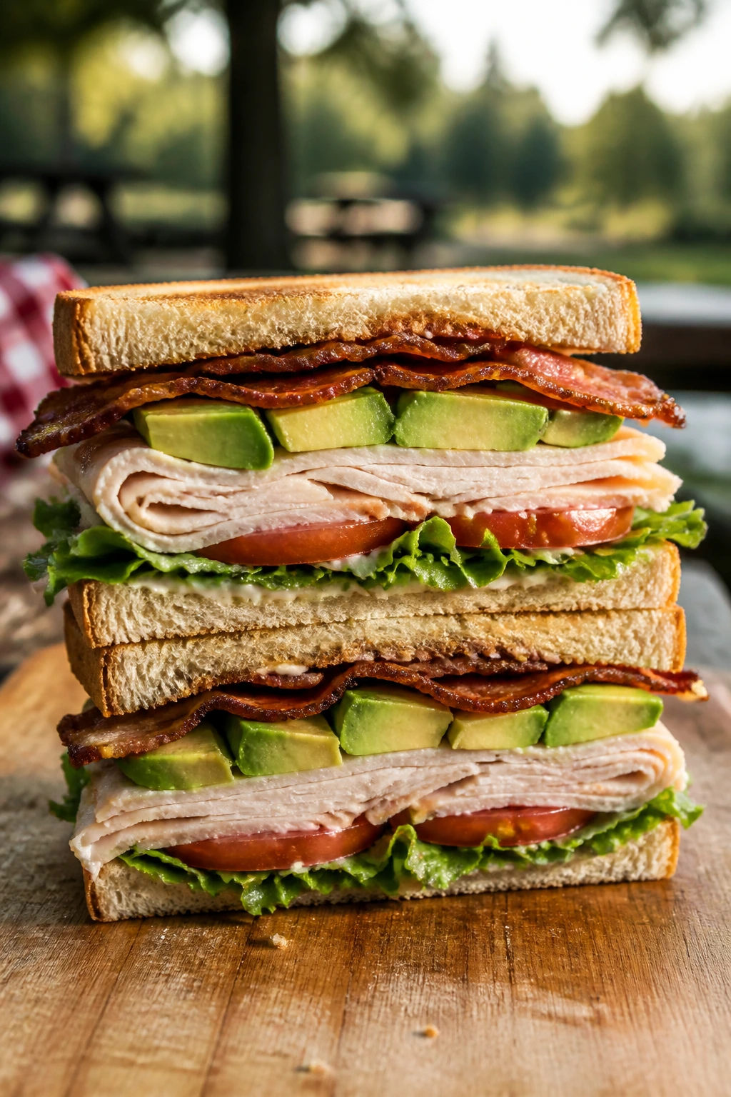 Close-up of Turkey Club with Avocado cross-section on a wooden board outdoors