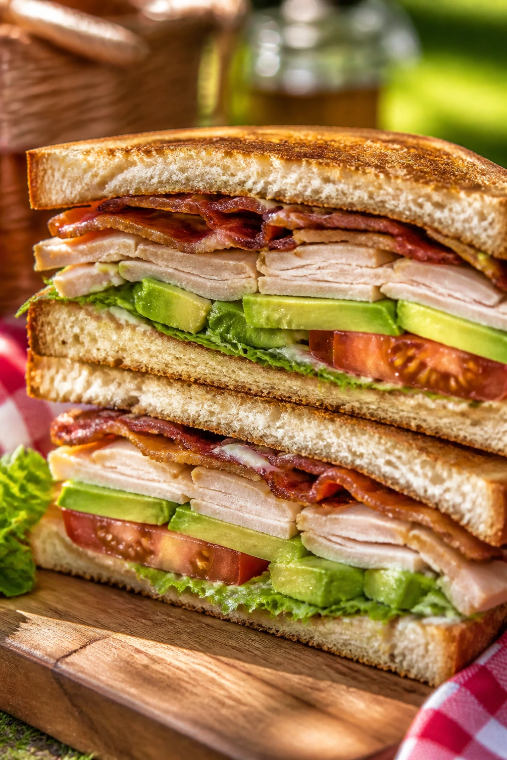 Cross-section Turkey Club with Bacon and Avocado on toasted bread