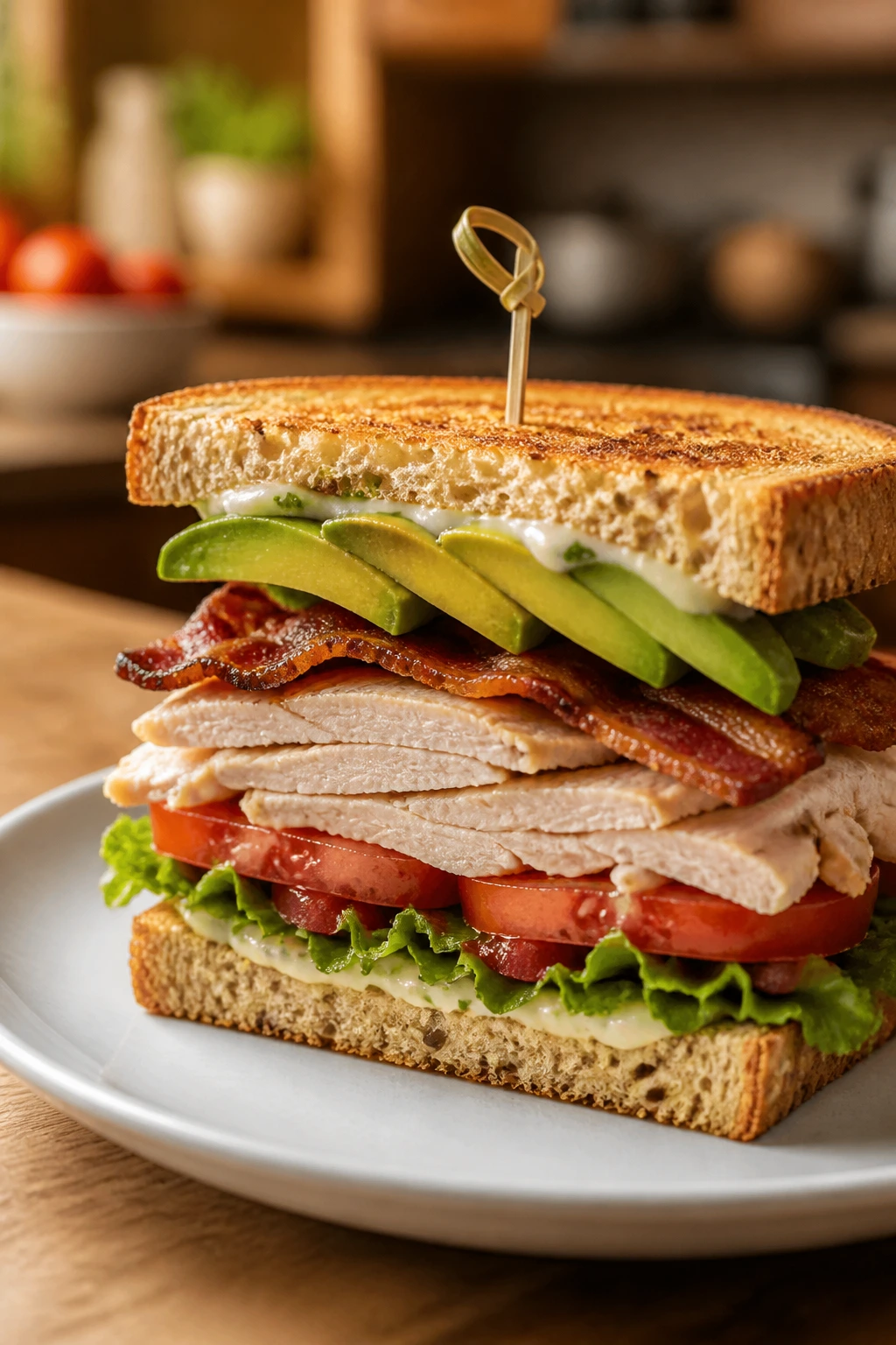 Turkey club close-up with avocado and mayo accents