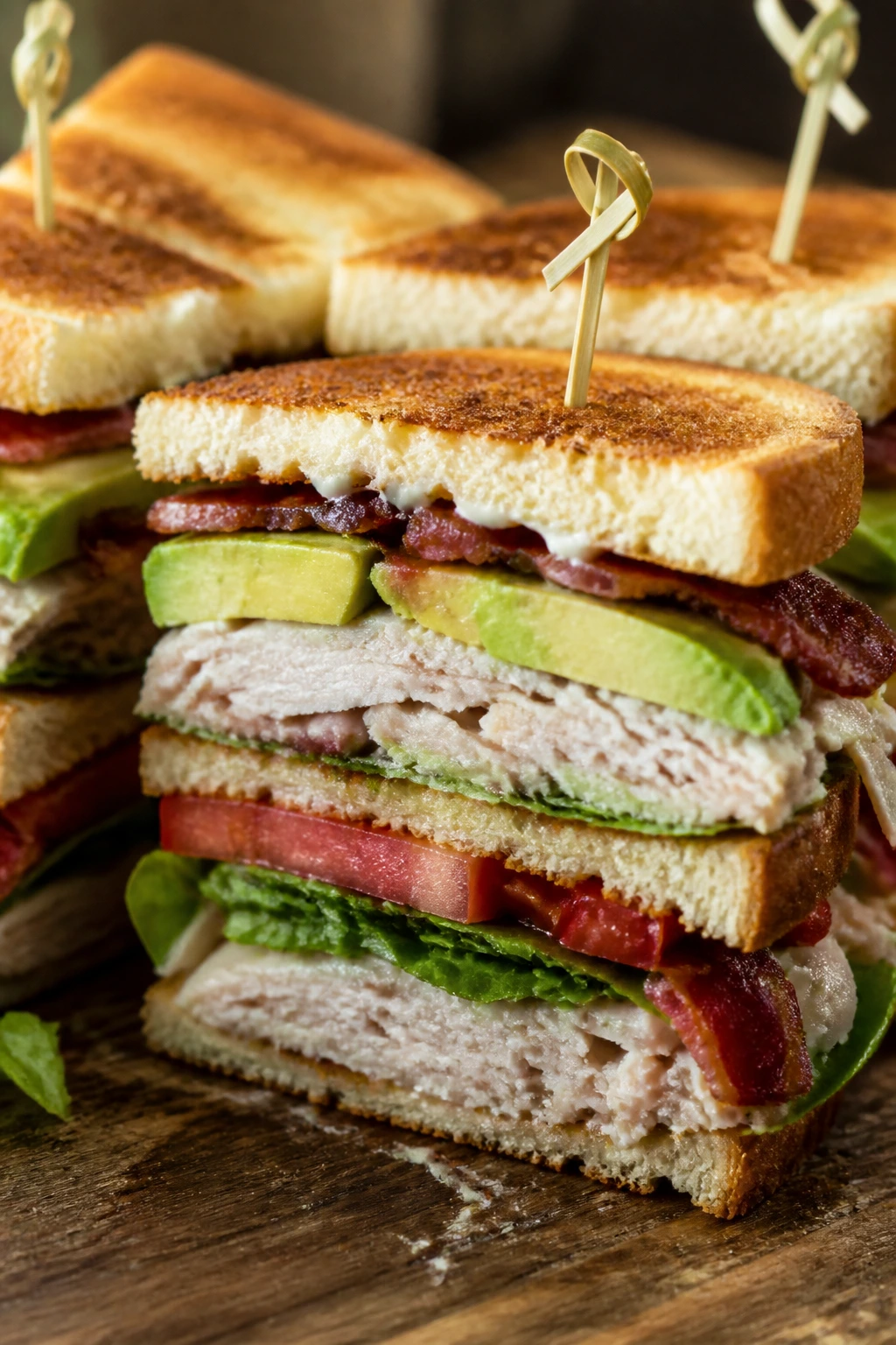 Close-up of a tall turkey club sandwich with avocado on toasted bread on a wooden board