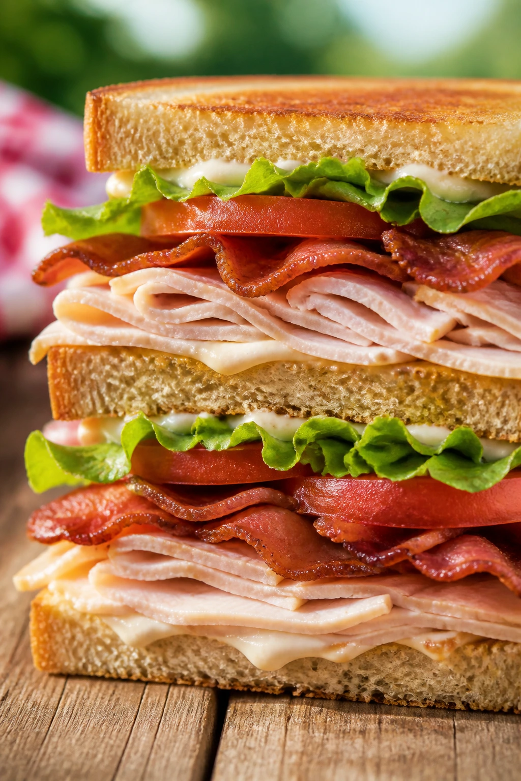Turkey club sandwich cross-section with bacon and lettuce