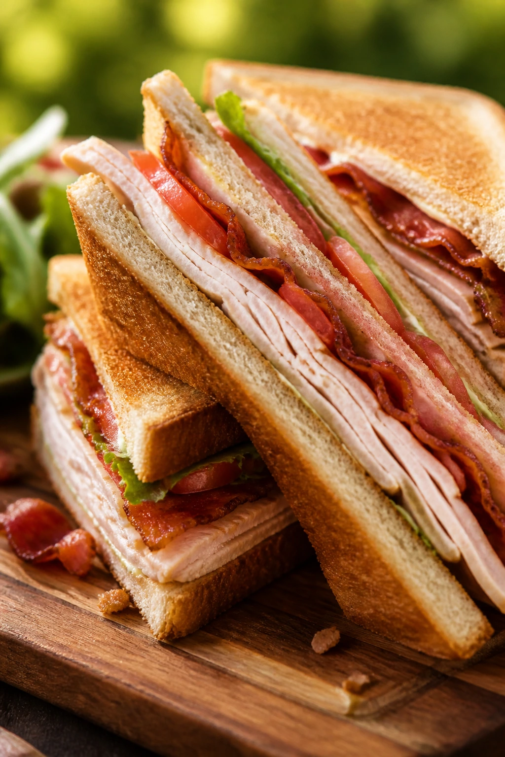 Turkey club sandwich with bacon and tomato, stacked and cut into triangles on a wooden board outdoors