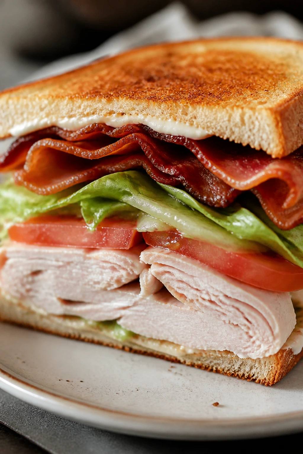 Balanced turkey club sandwich showing crisp bacon, lettuce, tomato on toast