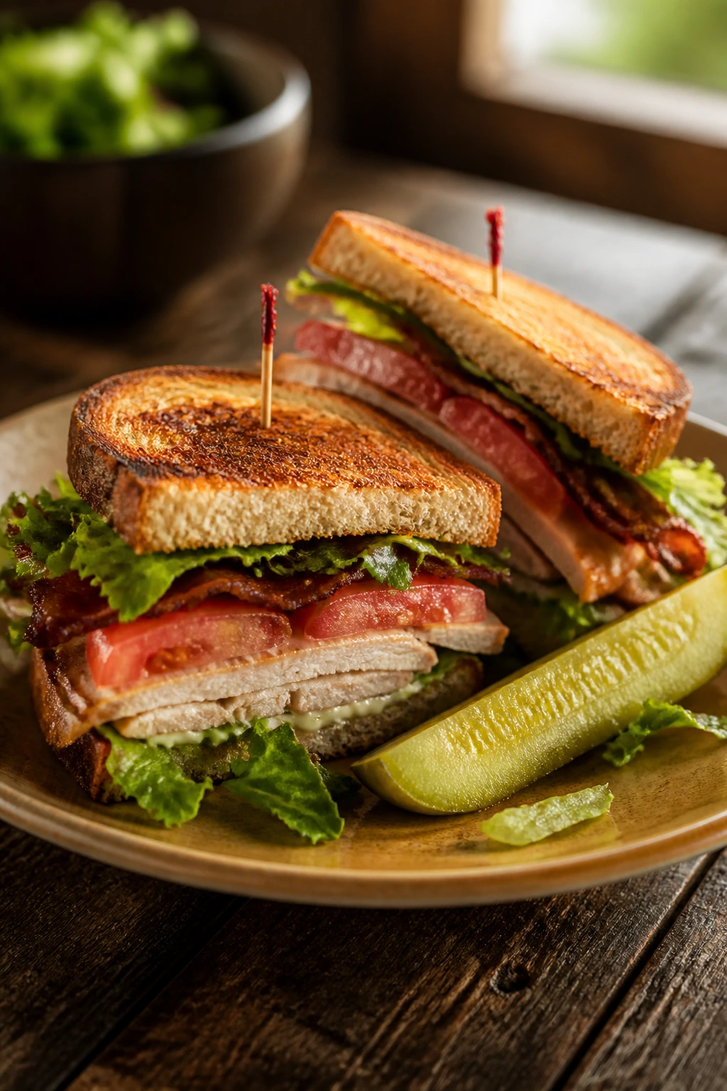 Close-up of dinner-ready turkey club on plate with pickle and greens