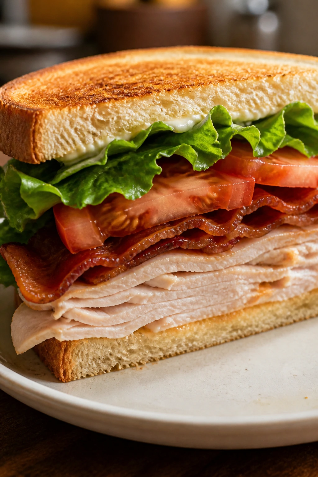 Turkey club half showing bread, turkey, bacon, tomato, and lettuce
