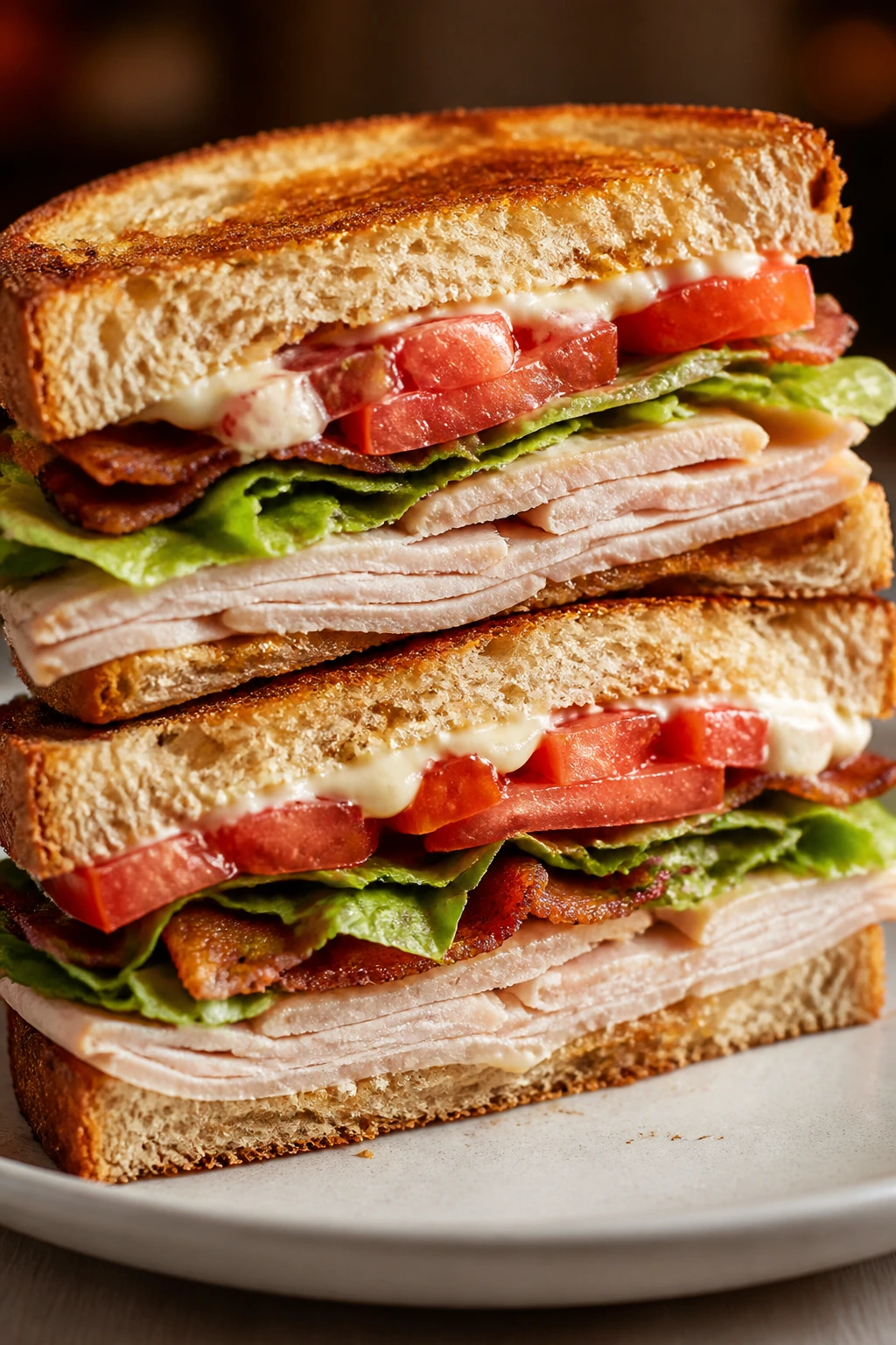 Layered turkey club showing turkey, bacon, lettuce, tomato, and mayo