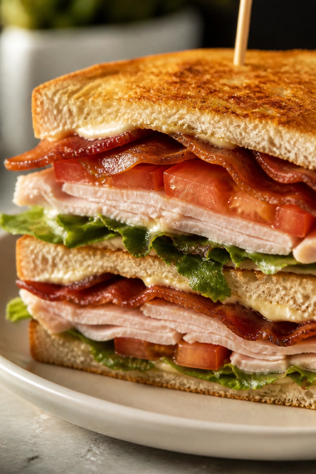 Cross-section of turkey club showing bacon, turkey, lettuce, tomato