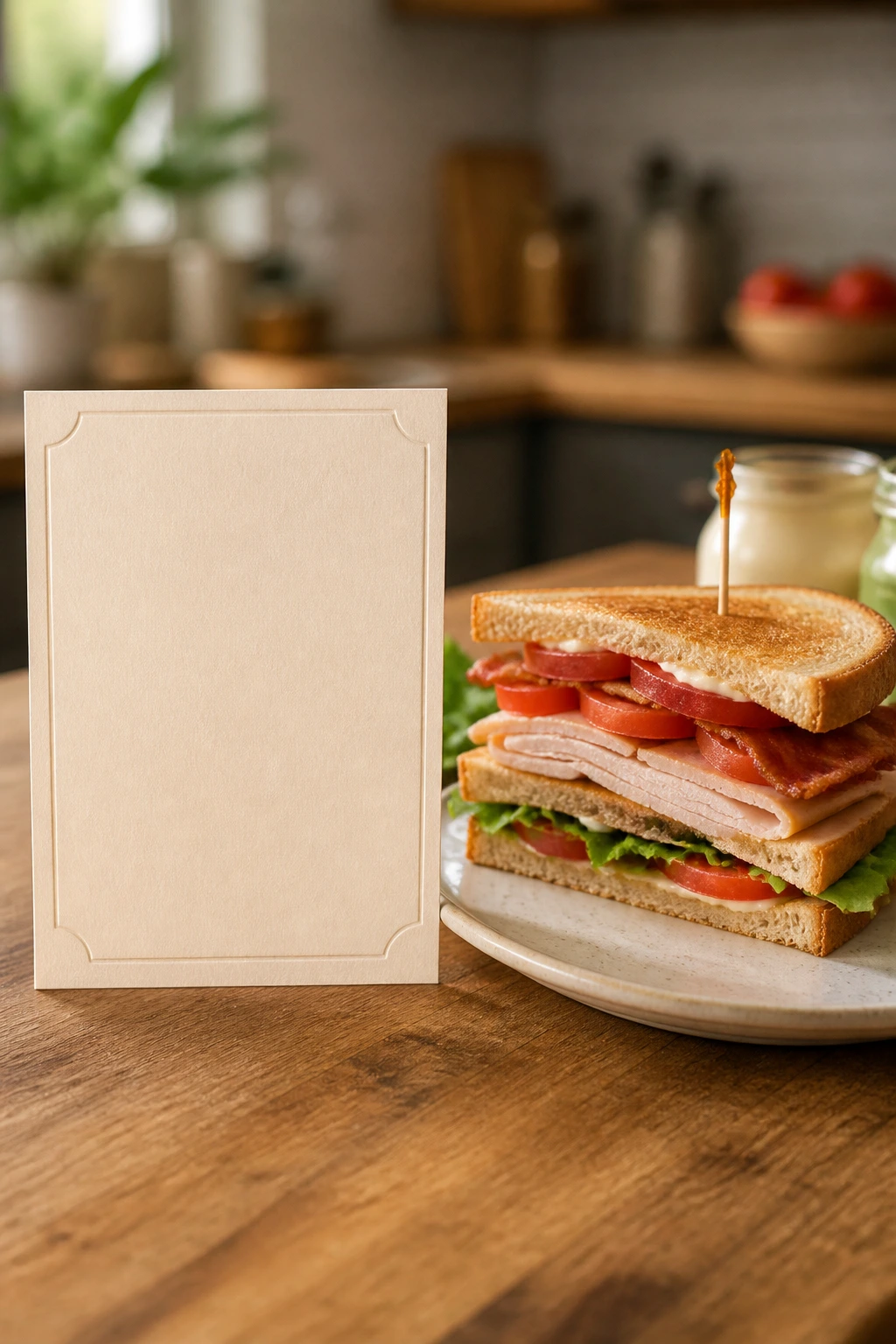 Turkey club plate beside blank recipe card on counter