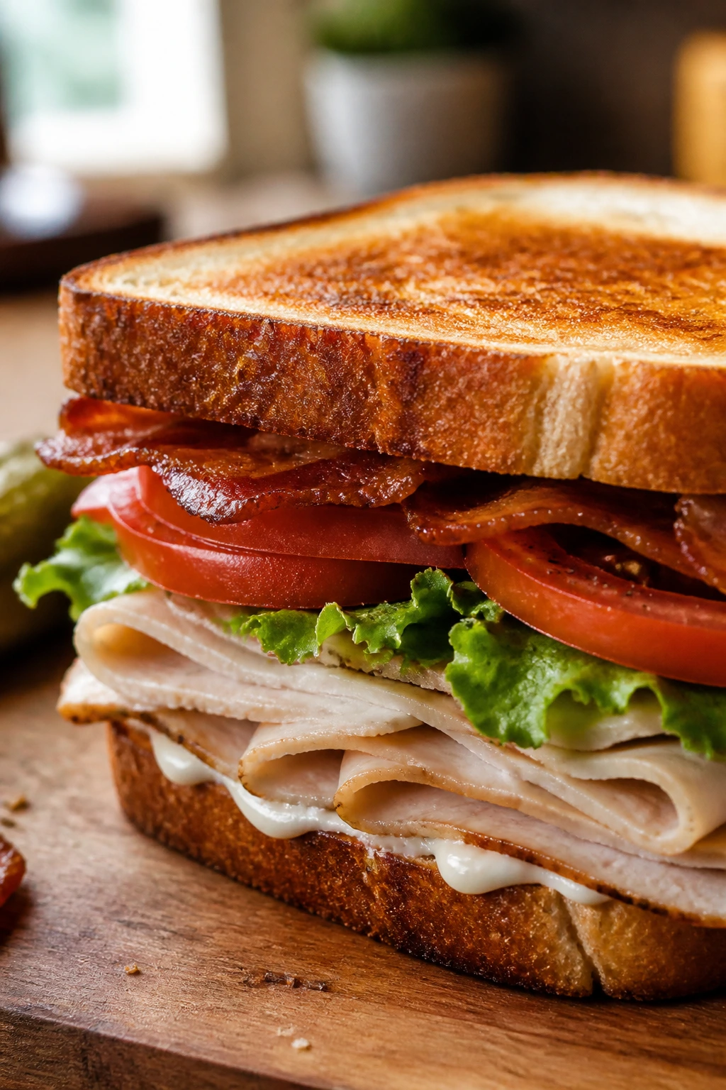 Close-up of a thick turkey club sandwich on a rustic wooden cutting board