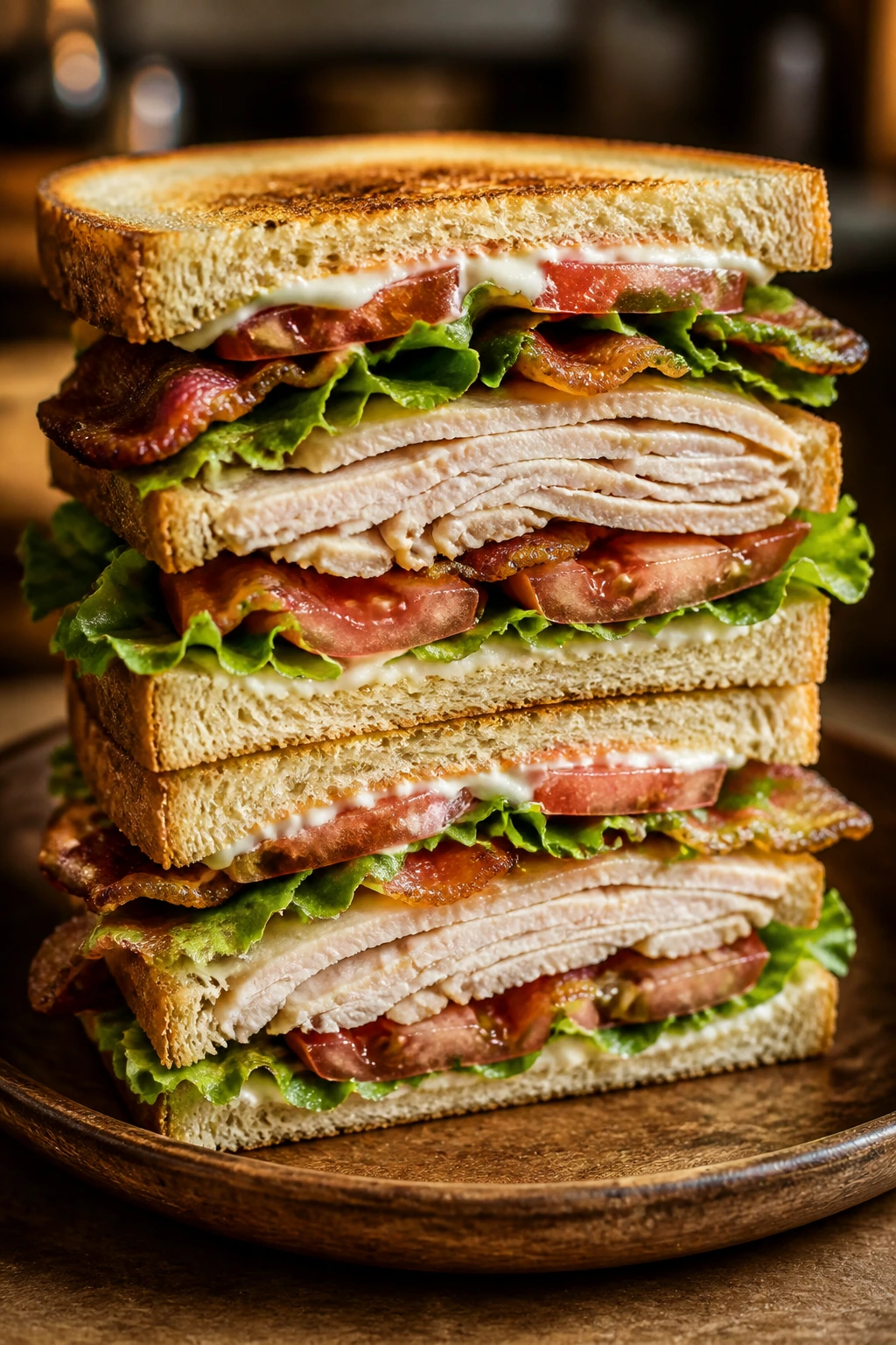 Cross-section of a triple-decker turkey club with turkey, bacon, lettuce, tomato and mayo