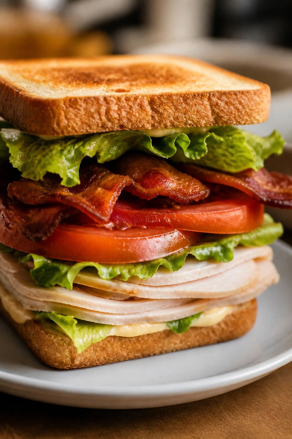 Perfectly stacked turkey club sandwich close-up