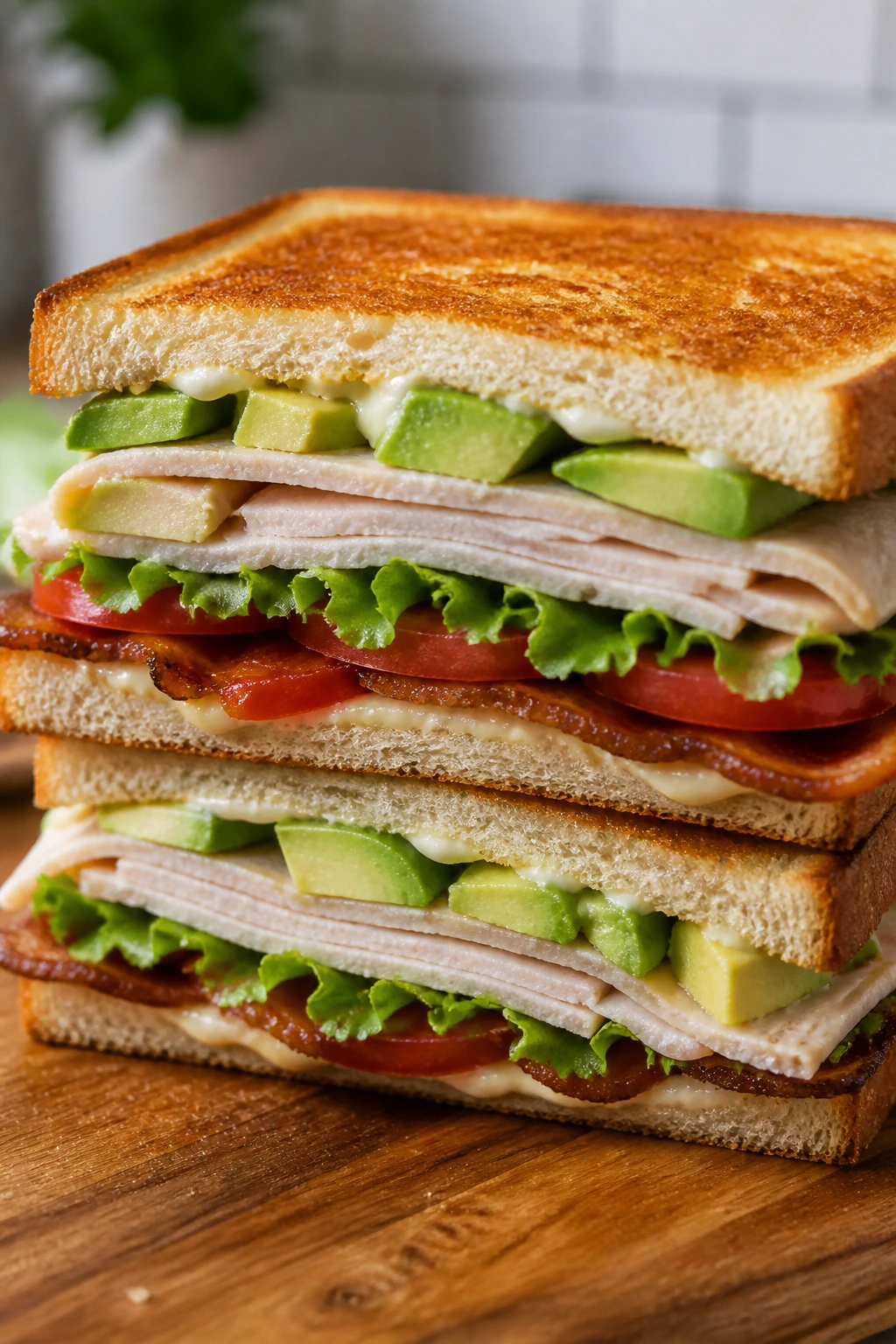 Close-up of a turkey club sandwich on toasted bread on a cutting board