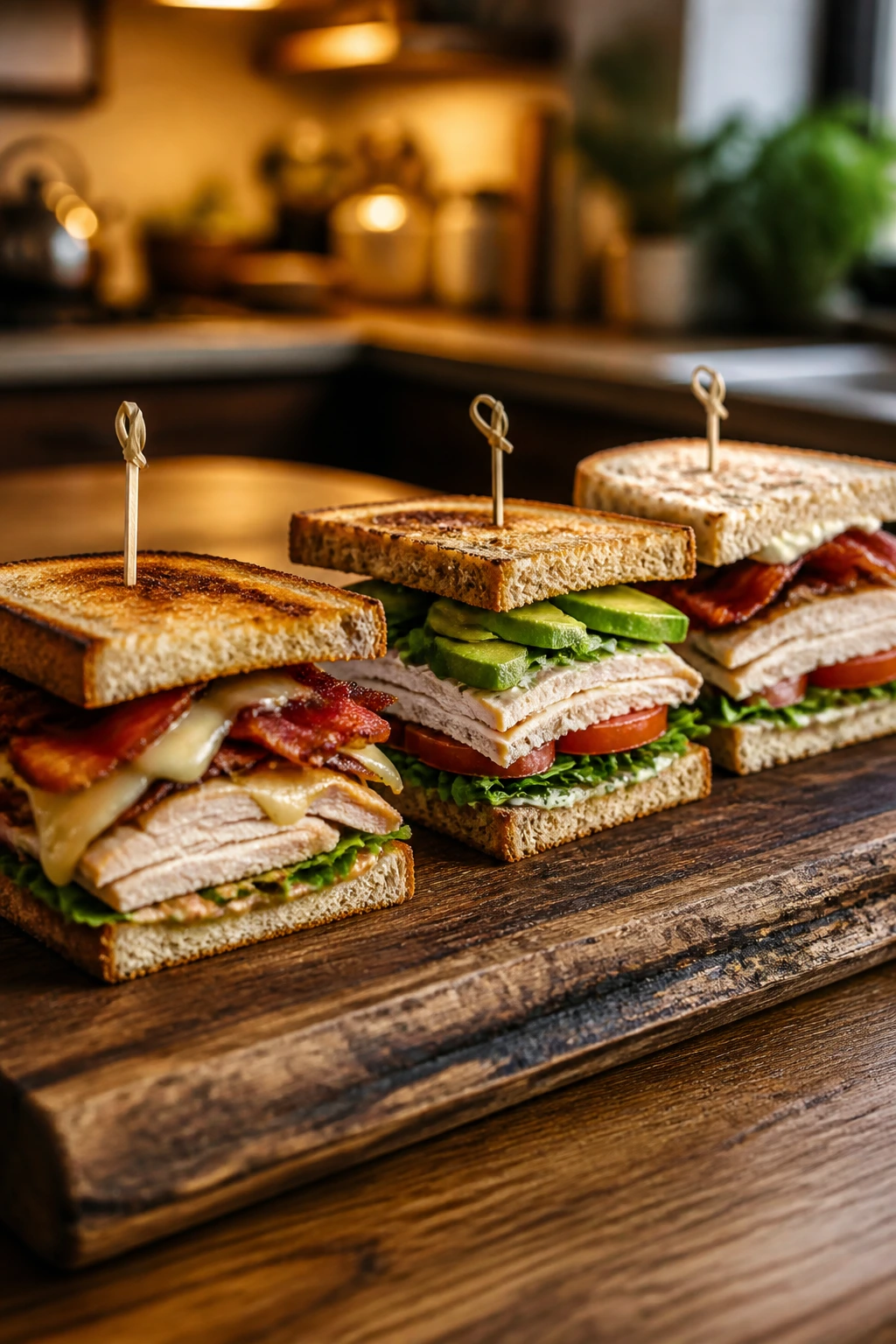 Three turkey club variations on a wooden board