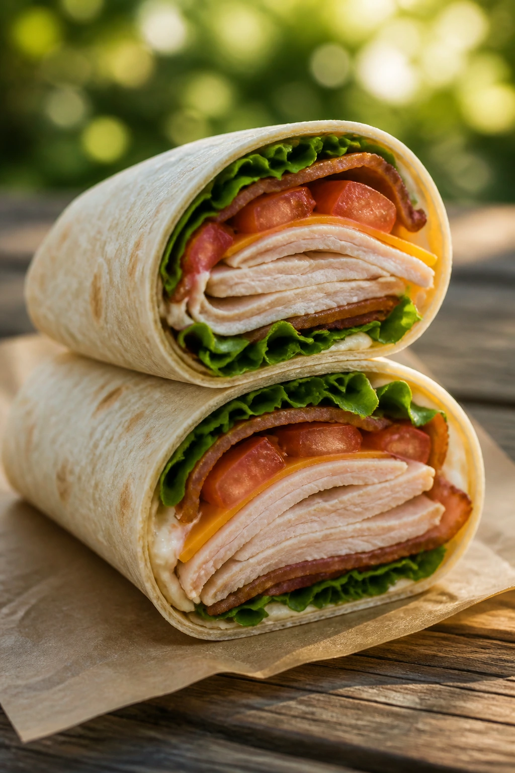 Close-up of a turkey club wrap showing turkey, bacon, cheddar, lettuce, and tomato on a rustic picnic table.