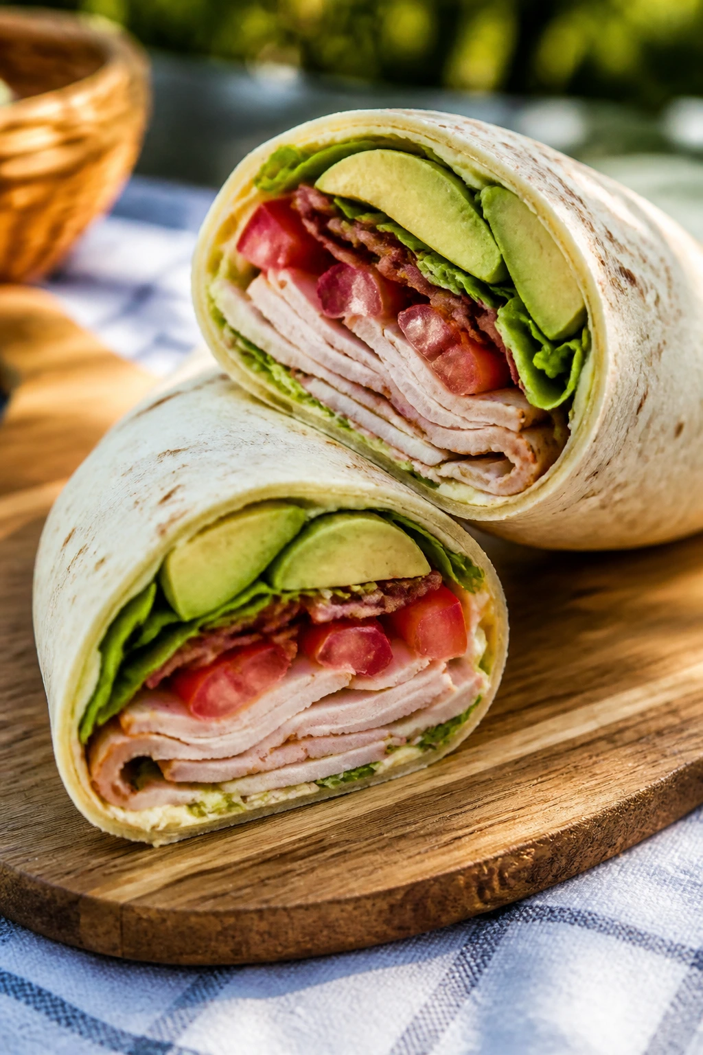 Turkey club wraps on a picnic board